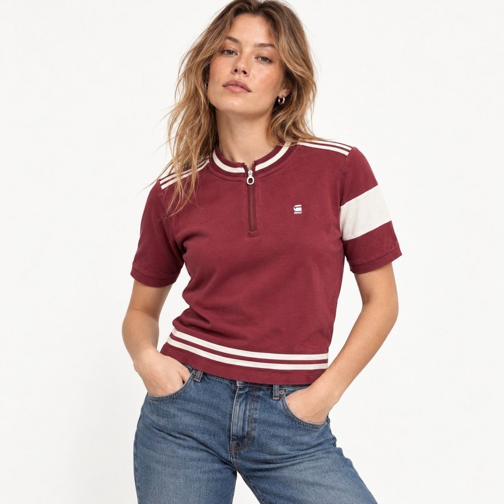 G-Star Raw Burgundy Quarter Zip Short Sleeve Sweater Tee Womens Size Small